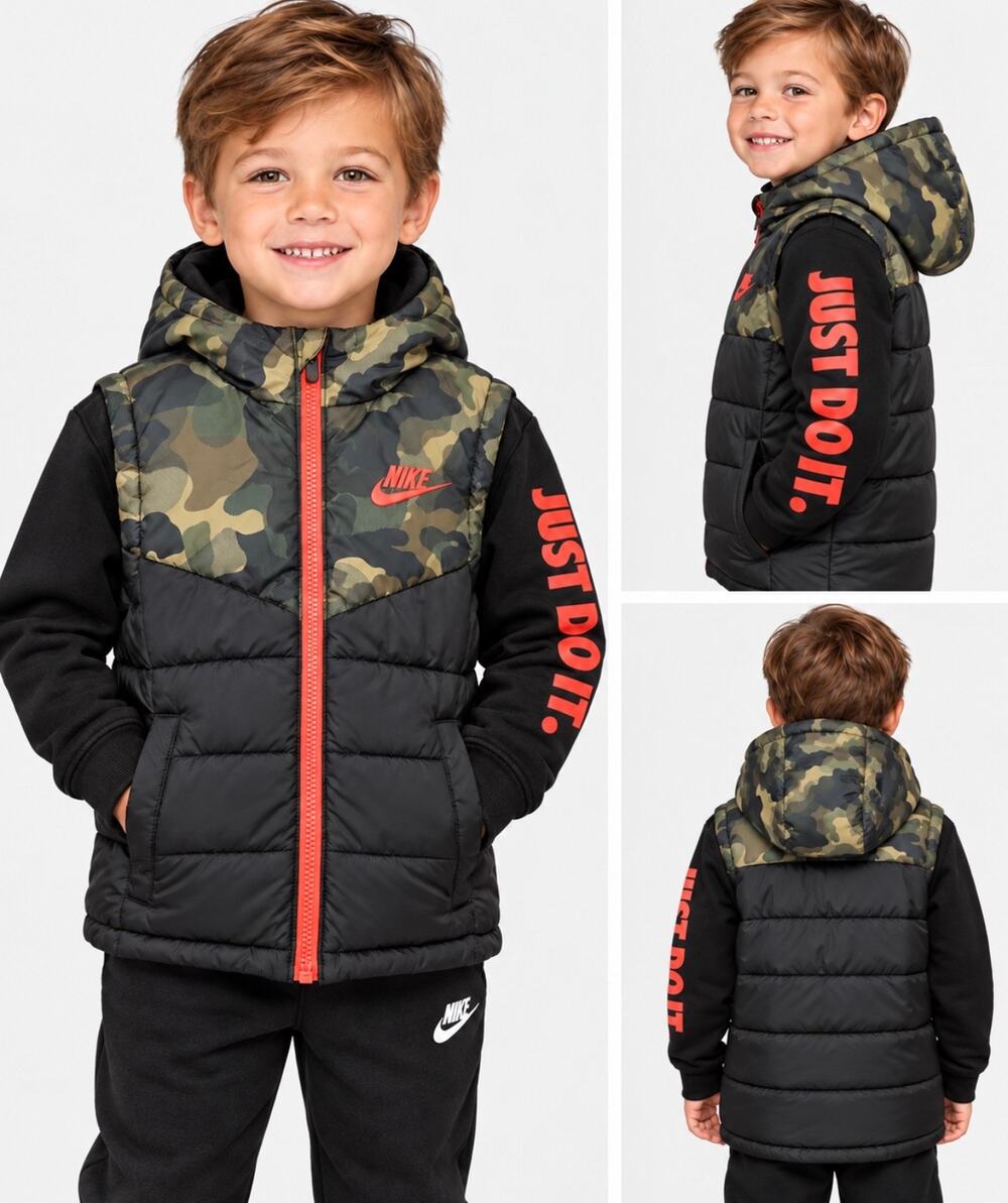 Nike Hooded Full Zip Puffer Jacket in Black Camouflage Size 4T